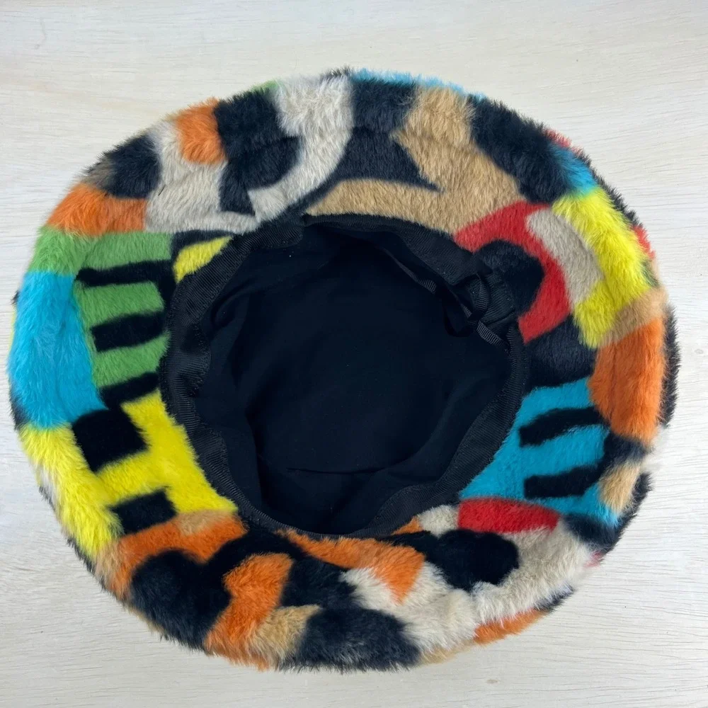Multicolor Faux Fur Bucket Hat Abstract Pattern Streetwear Plush Winter Cap